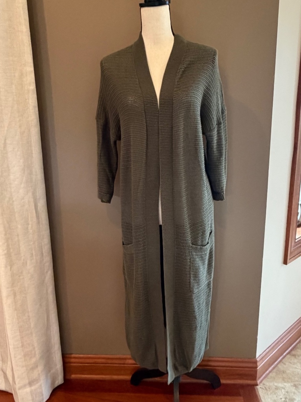 Express Women's Olive Green Cardigan Sweater Duster Pockets Ribbed, Size Medium